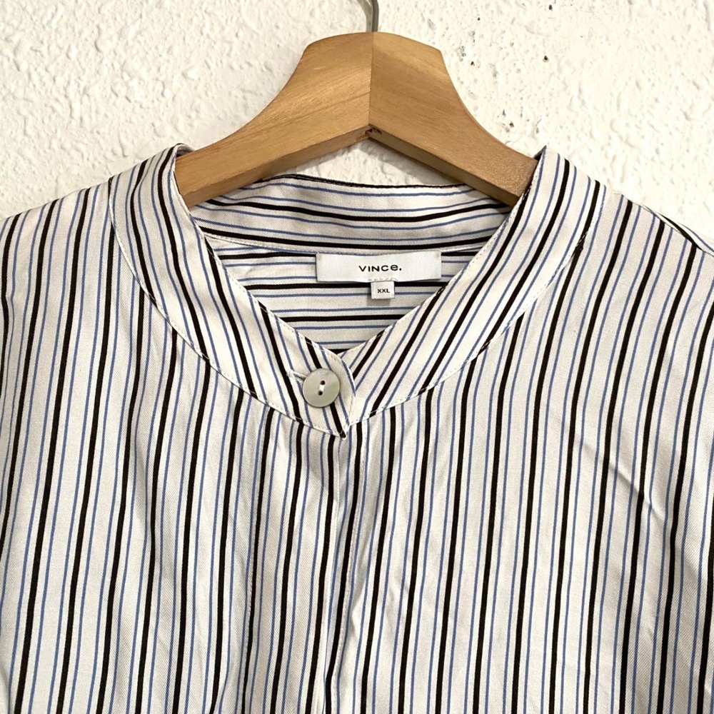 Vince Silk Blend Striped Band Collar Button Down Shirt XXL Blue Black White